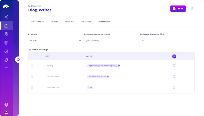 Configure an agent’s AI model and memory